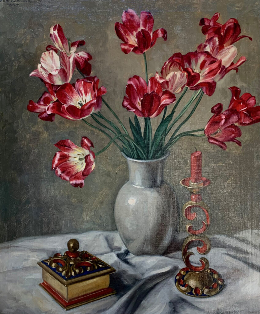 Tulpenstrauß in einer V.se auf einem Tisch von Otto Neubrand